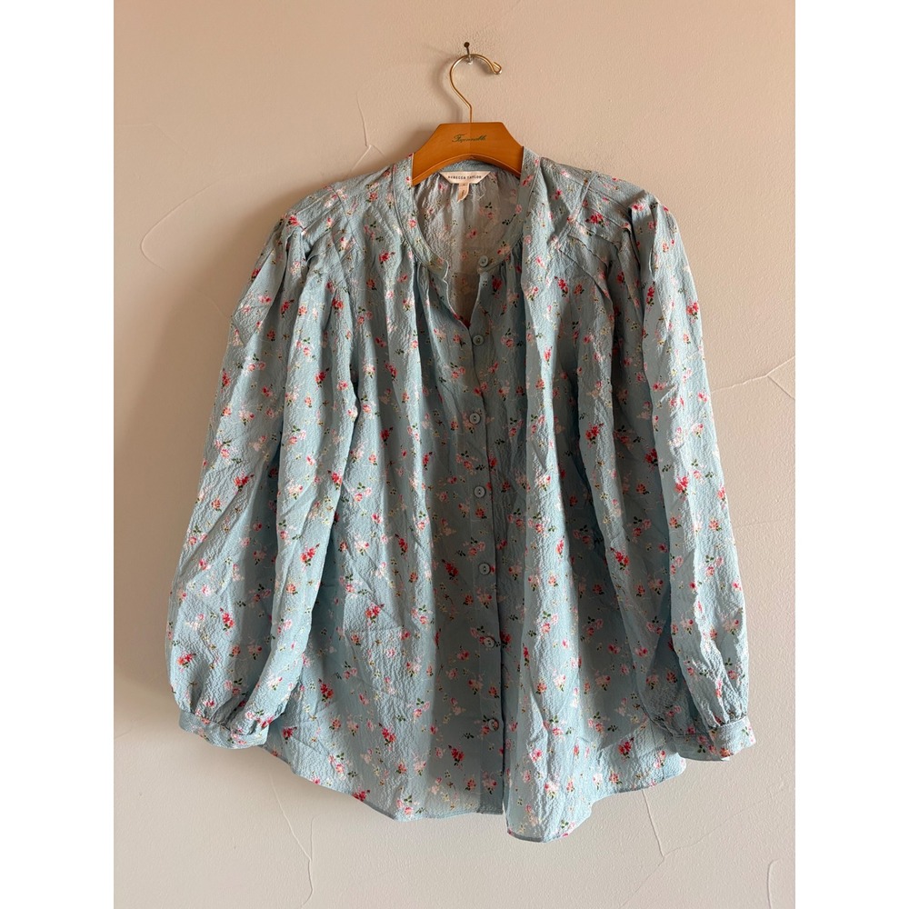 Rebecca Taylor Dolly Blouse Floral Silk‎ Seersucker Pleat Sleeve Button Front M